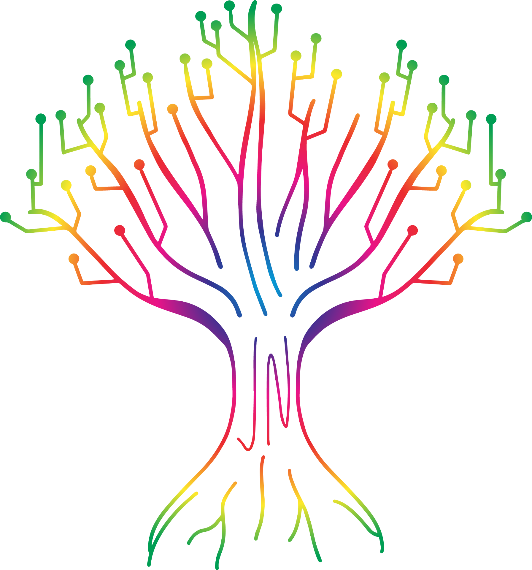 JaqsNetwork tree logo — a rainbow circuit-tree representing rooted community and branching talent